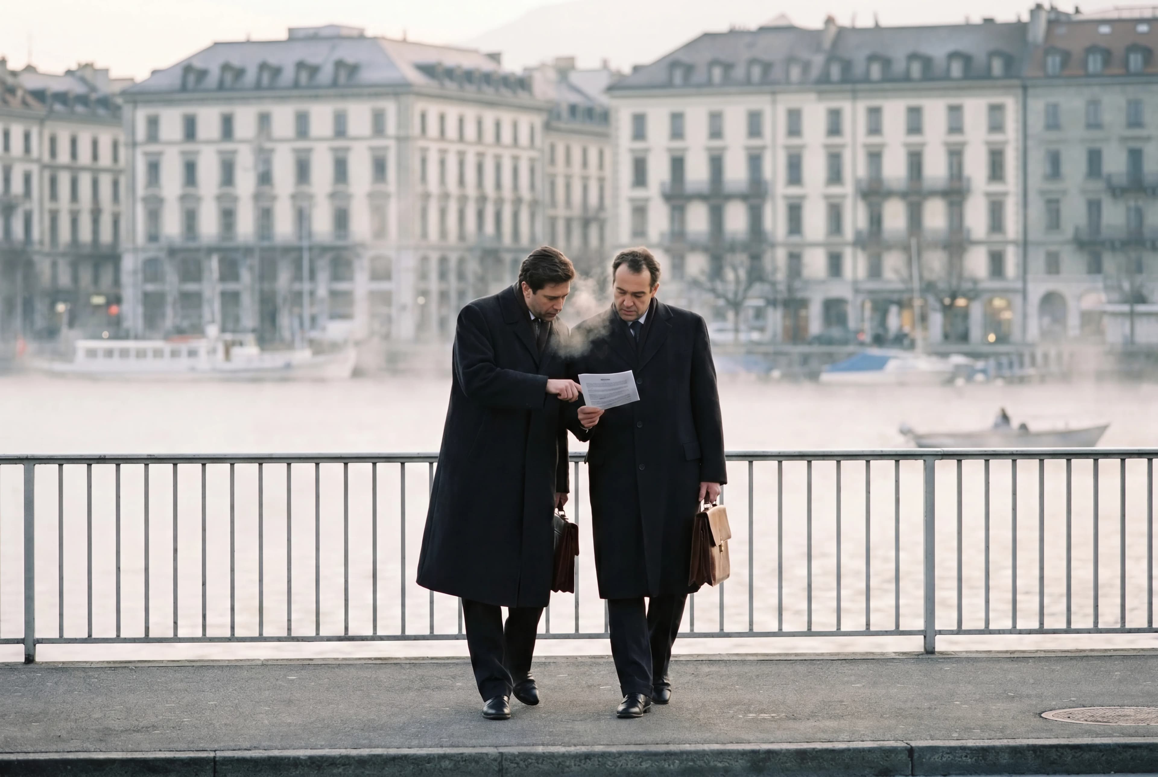 Two finance professionals in overcoats walking along a Geneva quay while reviewing a printed brief.