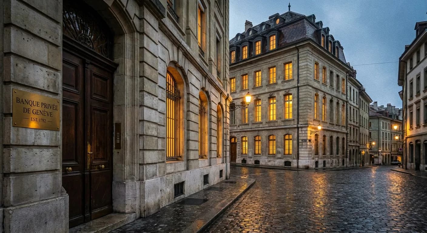 A Mansart-roofed private-bank building on Place des Bergues at dusk, warm interior light behind tall windows, brass plates at the door.