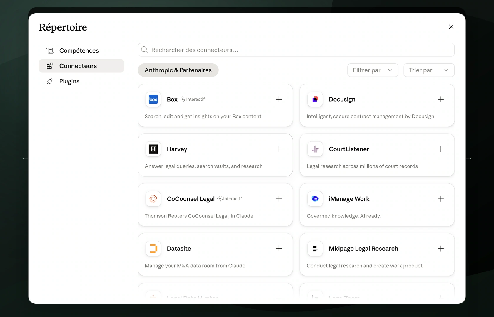 Connector directory showing firm tools linked into one governed workspace